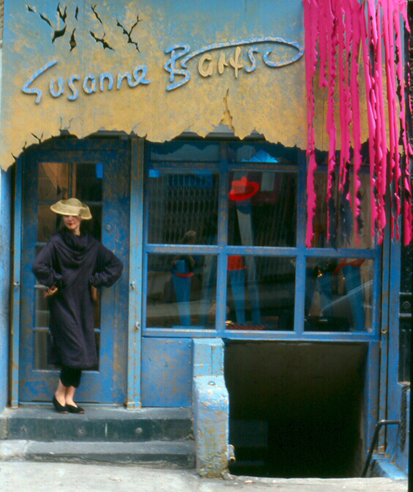 Susanne in front ,of her Thompson Street store in NYC designed by Michael Costiff, September 198